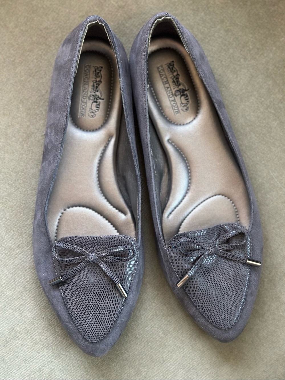 Coach and Four Gray Suede Pointed-Toe Flats with Bow Accent